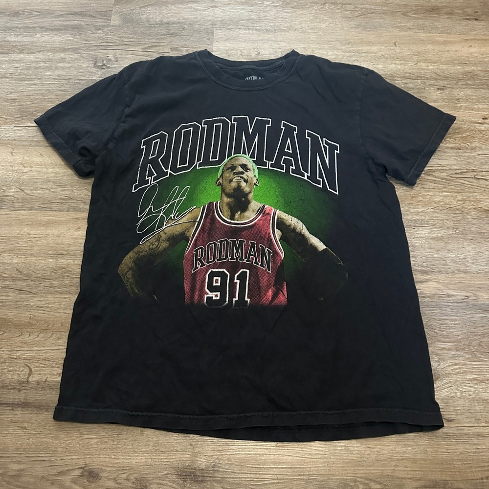 Dennis Rodman Graphic T-Shirt Mens Large Black Chicago Bulls 91 Made in USA L